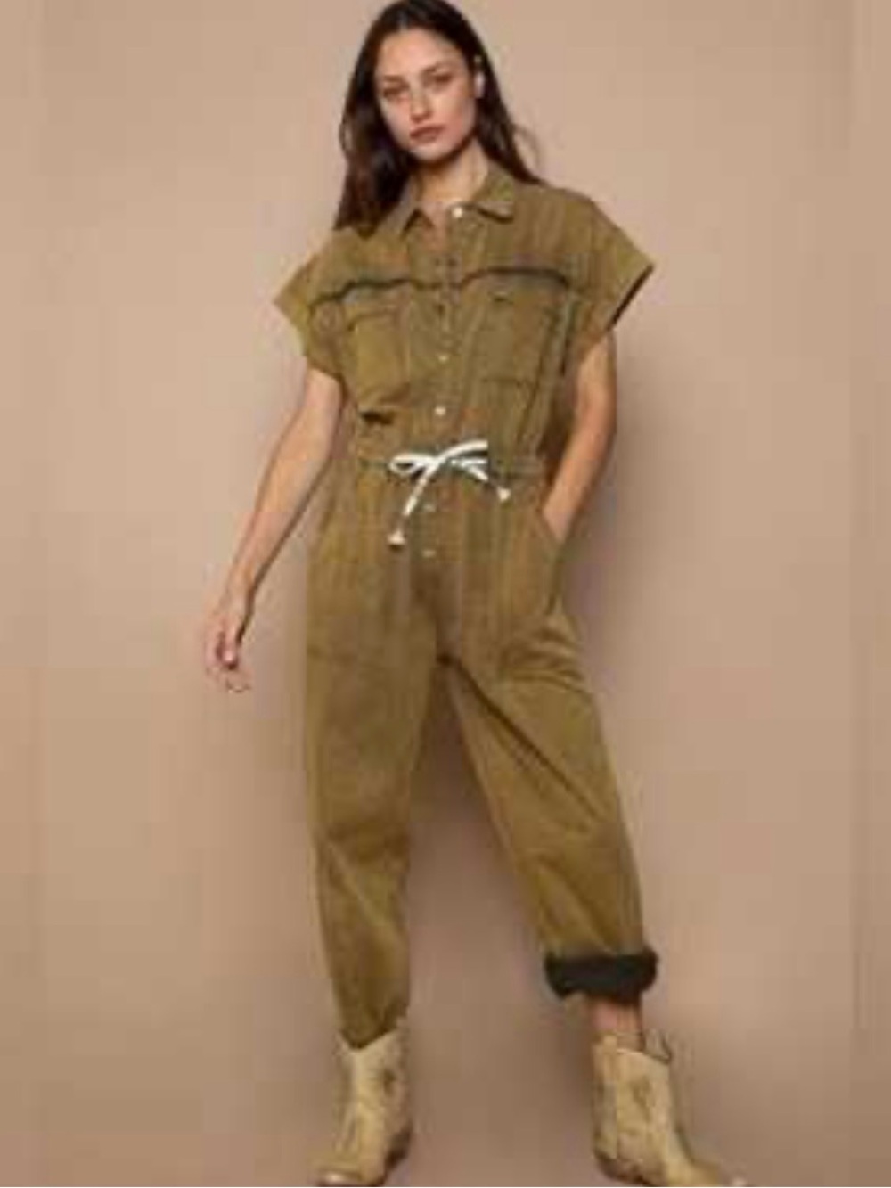 POL Olive Utility Jumpsuit Large Boho Western Acid Wash Short Sleeve Coverall - Picture 4 of 4